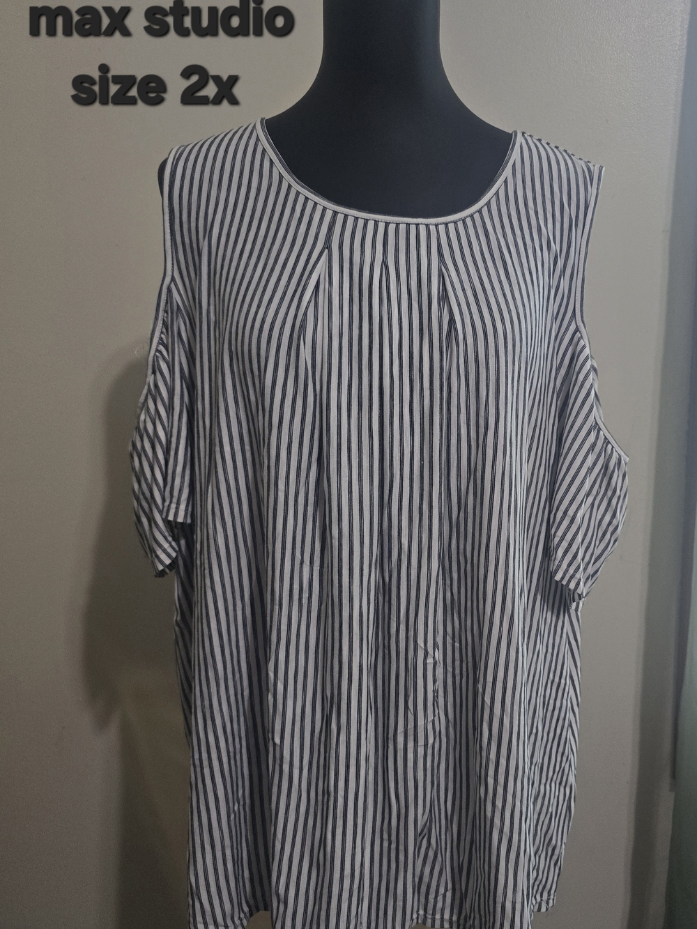 Max Studio Black and White Striped Cold-Shoulder Tunic